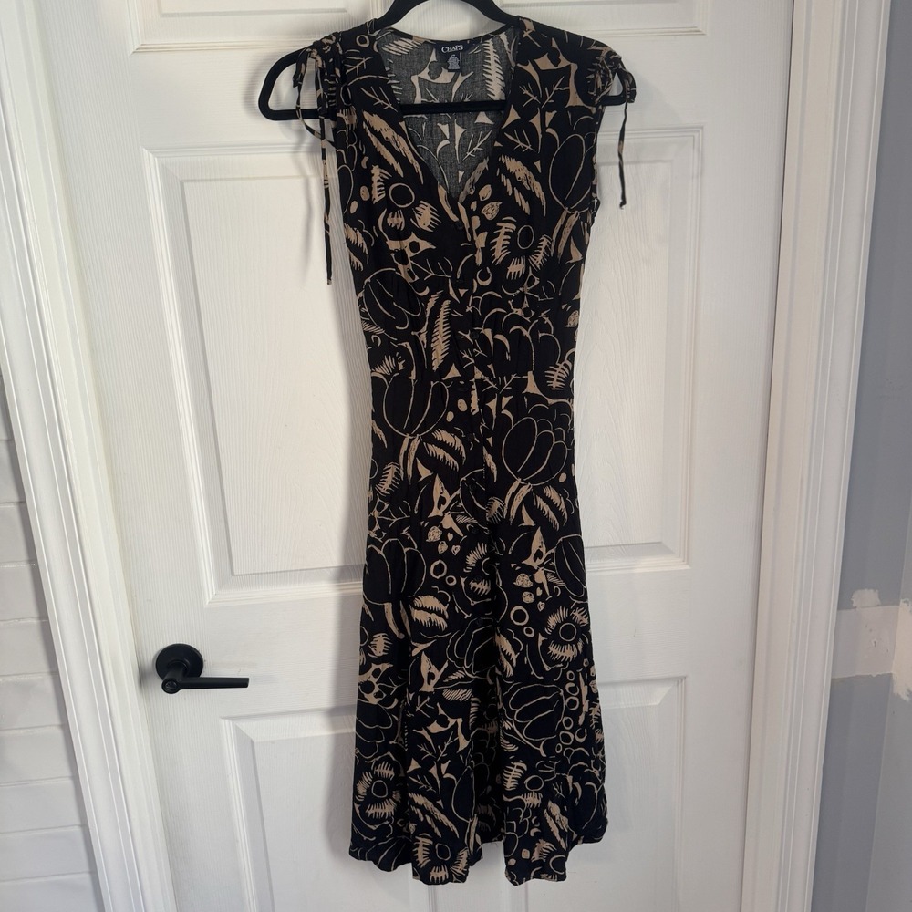 Chaps‎ Womens Black Beige Floral Sleeveless V-Neck Fit & Flare Dress Size Large